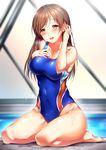  barefoot blurry blush breasts breath brown_eyes brown_hair cleavage collarbone competition_swimsuit covered_navel depth_of_field hair_tucking hand_on_own_chest heavy_breathing highres idolmaster idolmaster_cinderella_girls idolmaster_cinderella_girls_starlight_stage large_breasts long_hair nitta_minami one-piece_swimsuit open_mouth poolside shiny shiny_clothes sitting solo swimsuit thighs wariza wet wet_clothes wet_swimsuit yomono 