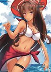  adapted_costume artist_name bare_arms bare_shoulders bikini bikini_tan blue_sky breasts brown_hair cherry_blossoms cleavage closed_mouth cloud collar collarbone day flower hair_between_eyes hair_flower hair_intakes hair_ornament headgear holding holding_umbrella horizon kantai_collection large_breasts long_hair looking_at_viewer navel ocean open_mouth oriental_umbrella outdoors parasol red_umbrella sakiyamama sarong shiny shiny_skin sky smile solo summer swimsuit tan tanline thigh_strap umbrella very_long_hair water white_bikini yamato_(kantai_collection) 