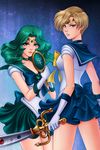  bishoujo_senshi_sailor_moon blonde_hair blue_choker blue_eyes blue_sailor_collar breasts brittany_fuerst choker circlet cleavage deep_aqua_mirror earrings gloves green_eyes green_hair jewelry kaiou_michiru looking_back medium_breasts miniskirt multiple_girls outer_senshi ribbon sailor_collar sailor_neptune sailor_senshi sailor_senshi_uniform sailor_uranus short_hair skirt space_sword sword ten'ou_haruka very_short_hair weapon white_gloves 