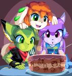  2016 anthro basset_hound breasts cake candle canine carol_tea clothed clothing dog dragon feline female fingerless_gloves food freedom_planet fur gloves goshaag green_eyes green_fur group hair mammal milla_basset open_mouth orange_hair purple_hair sash_lilac scarf tan_fur video_games wildcat 