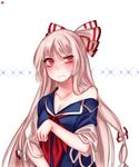  blush bow breasts cleavage collarbone cosplay dress fujiwara_no_mokou hair_bow hair_ribbon highres kamishirasawa_keine kamishirasawa_keine_(cosplay) long_hair medium_breasts off_shoulder oversized_clothes red_eyes ribbon shan solo sweat touhou white_hair 