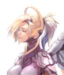  blonde_hair blue_eyes bodysuit breasts hair_ornament hair_tie headgear high_ponytail large_breasts lips long_hair mao_mao_wansui mechanical_halo mechanical_wings mercy_(overwatch) overwatch pink_lips ponytail simple_background solo turtleneck upper_body white_background wing_print wings 