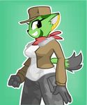  2016 anthro black_nose breasts carol_tea clothed clothing cloudi-nexik dipstick_tail feline female freedom_planet fur gloves green_eyes green_fur hat jacket mammal multicolored_tail smile solo video_games wildcat 