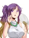  alternate_costume alternate_hairstyle bare_shoulders bead_necklace beads breasts brown_hair commentary_request contemporary fan fanning_face gradient_hair hijiri_byakuren holding holding_fan jewelry kakao_(noise-111) large_breasts looking_at_viewer multicolored_hair necklace open_mouth paper_fan ponytail prayer_beads purple_eyes purple_hair shirt sidelocks sleeveless sleeveless_shirt solo sweat taut_clothes taut_shirt tied_hair touhou two-tone_hair uchiwa upper_body white_background white_shirt 