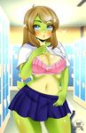  amphibian anthro blue_eyes blush bra breasts clothing female frog frogela green_skin hoshicchi lingerie locker_room school school_uniform solo underwear undressing uniform 