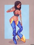  1girl 5-ish areolae artist_name bandage black_hair bottomless braids breasts breasts_out brown_eyes dark_skin eyebrows_visible_through_hair facial_mark gradient_background navel nipples overwatch parted_lips pharah_(overwatch) pussy short_hair solo torn_clothes 