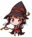  brown_hair cape carillus chibi commentary error eyepatch eyepatch_removed hat holding kono_subarashii_sekai_ni_shukufuku_wo! looking_at_viewer megumin red_eyes short_hair simple_background solo staff white_background witch_hat 