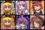  :3 animal_ears blonde_hair brown_hair bunny_ears chain choker closed_eyes clothes_writing double_v earth_(ornament) glasses hat hecatia_lapislazuli junko_(touhou) long_hair moon_(ornament) multiple_girls one_eye_closed polos_crown pote_(ptkan) red_eyes red_hair reisen_udongein_inaba shaded_face sleeping sweat touhou translated usami_sumireko v zzz 
