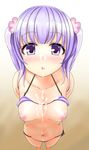  1girl bikini blush breasts cum cum_on_breasts facial navel new_game! nipples okage purple_eyes purple_hair small_breasts solo suzukaze_aoba 