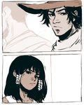  2boys child comic cowboy_hat dark_skin hair_tubes hat imitating looking_at_another mccree_(overwatch) monochrome multiple_boys overwatch papabay pharah_(overwatch) reaper_(overwatch) scowl sepia silent_comic teenage younger 