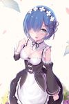  :d bird blue_eyes blue_hair breasts cleavage commentary detached_sleeves flower hair_ornament hair_over_one_eye hairpin highres looking_at_viewer maid maid_headdress medium_breasts open_mouth petals re:zero_kara_hajimeru_isekai_seikatsu rem_(re:zero) seedkeng short_hair simple_background smile solo white_background wings 