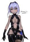 bad_id bad_pixiv_id bare_shoulders black_legwear blush breasts cleavage_cutout dark_skin fate/grand_order fate/prototype fate/prototype:_fragments_of_blue_and_silver fate_(series) hassan_of_serenity_(fate) looking_at_viewer medium_breasts popuru purple_eyes purple_hair short_hair simple_background sketch solo 
