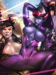  2girls areolae artist_request blue_hair blue_skin bodysuit breasts brown_hair earrings goggles gradient_background head_mounted_display long_hair looking_at_viewer multiple_girls nipples open_jacket overwatch parted_lips short_hair spiked_hair sweat tracer_(overwatch) web_address widowmaker_(overwatch) yellow_eyes 