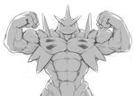  2016 5_fingers abs anthro anthrofied armpits biceps big_biceps big_muscles black_and_white digital_drawing_(artwork) digital_media_(artwork) dinosaur flexing front_view frown glare half_portrait huge_muscles line_art looking_at_viewer male monochrome muscular muscular_male navel nintendo nude obliques pecs pinup pok&eacute;mon pok&eacute;morph pose scalie shaded simple_background solo thick_neck triceps tyranitar vein video_games waddledox white_background 