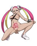  armband bottomless covering covering_crotch dark_skin eyeshadow guido_(sucurapu) hand_on_own_knee highres lipstick makeup multicolored_hair pink_lipstick plumeri_(pokemon) pokemon pokemon_(game) pokemon_sm quad_tails ribs solo squatting stomach_tattoo string_bra tattoo two-tone_hair yellow_eyes 