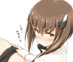  bangs bike_shorts blush brown_eyes brown_hair closed_mouth eyebrows eyebrows_visible_through_hair face hair_between_eyes headband headgear kantai_collection long_sleeves looking_at_viewer looking_back short_hair sidelocks simple_background solo suke_(momijigari) taihou_(kantai_collection) translated white_background 