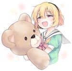  :d blonde_hair blush bow fang hairband higurashi_no_naku_koro_ni houjou_satoko open_mouth pink_eyes sailor_collar smile solo stuffed_animal stuffed_toy tears teddy_bear yang38 