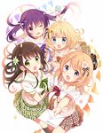  :d ;d blonde_hair blue_eyes blush bow bowtie brown_hair checkered checkered_skirt english flower flyer food gochuumon_wa_usagi_desu_ka? green_eyes hair_flower hair_ornament hair_ribbon holding_hands hoto_cocoa ice_cream kirima_sharo kneehighs koi_(koisan) letter long_hair looking_at_viewer multiple_girls official_art one_eye_closed open_mouth orange_hair plaid plaid_skirt pleated_skirt purple_eyes purple_hair ribbon school_uniform serafuku short_hair skirt smile striped striped_bow striped_neckwear tedeza_rize twintails ujimatsu_chiya 