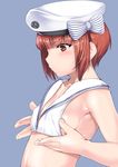  &gt;:( armpits bikini breast_conscious breasts brown_eyes brown_hair collarbone from_side frown hat kantai_collection lips looking_down midriff mr.lostman profile sailor_bikini sailor_collar sailor_hat serious short_hair sideboob small_breasts solo swimsuit upper_body v-shaped_eyebrows white_bikini white_hat z3_max_schultz_(kantai_collection) 