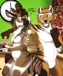  anthro antlers breasts canine cervine cupcake deer duo english_text equine featureless_breasts female food fox horn hybrid inside male mammal navel smile standing sweat terryburrs text tongue tongue_out zebra 