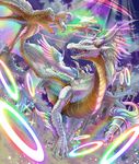  claws commentary_request dragon dragon_horns dragon_wings feathered_wings flying halo horns kakao_rantan looking_at_viewer multiple_wings no_humans open_mouth original scales sparkle wings 