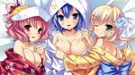  3girls blush breasts cleavage female inugahora_an japanese_clothes kimono multiple_girls original solo 