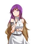  alternate_costume arm_ribbon bare_shoulders breast_hold breasts brown_hair closed_mouth commentary_request contemporary cowboy_shot dress frills gradient_hair hijiri_byakuren index_finger_raised kakao_(noise-111) long_hair looking_away medium_breasts multicolored_hair purple_hair ribbon sash sidelocks sleeveless sleeveless_dress solo touhou very_long_hair white_background white_dress white_ribbon wrist_cuffs 