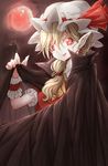  alternate_hairstyle ascot black_cape blonde_hair blush cape crystal darjeeling_(reley) ear_piercing fang flandre_scarlet full_moon glowing glowing_eyes hat hat_ribbon highres long_hair looking_at_viewer low-tied_long_hair mob_cap moon parted_lips piercing pointy_ears ponytail puffy_short_sleeves puffy_sleeves red_eyes red_moon red_ribbon ribbon short_sleeves slit_pupils smile solo touhou upper_body wings wrist_cuffs 