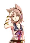  &gt;:) arm_up armpits bracelet brown_eyes brown_hair closed_mouth commentary_request earmuffs jewelry kakao_(noise-111) looking_at_viewer neck_ribbon pointy_hair purple_ribbon ribbon ritual_baton sash shirt short_hair sleeveless sleeveless_shirt smile solo touhou toyosatomimi_no_miko tsurime upper_body v-shaped_eyebrows white_background 