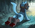  2016 ambiguous_gender black_eyes blue_fur butt cave dacad feral fur grass hindpaw looking_back lying morning nintendo nude pawpads paws pok&eacute;mon rear_view riolu shadow solo sun video_games waking_up 