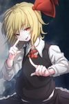  :d black_skirt black_vest blonde_hair blush collared_shirt darjeeling_(reley) darkness hair_ribbon hand_gesture highres index_finger_raised long_sleeves looking_at_viewer neck_ribbon open_mouth red_eyes red_ribbon ribbon rumia shirt short_hair skirt skirt_set smile solo touhou upper_body vest white_shirt 