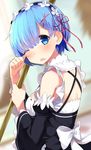  blue_eyes blue_hair blurry broom commentary_request d: depth_of_field detached_sleeves from_side hair_ornament hair_over_one_eye hair_ribbon hairpin holding looking_at_viewer maid maid_headdress one_eye_closed open_mouth pink_ribbon re:zero_kara_hajimeru_isekai_seikatsu rem_(re:zero) ribbon sasahara_wakaba short_hair solo tears wiping_tears 