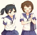  alternate_costume arms_behind_back bad_id bad_twitter_id bag black_hair blouse blue_eyes blue_skirt blush brown_hair closed_eyes collarbone cowboy_shot hair_ribbon handbag hiryuu_(kantai_collection) kantai_collection looking_at_another multiple_girls one_side_up open_mouth pink_background pleated_skirt ribbon school_uniform serafuku short_hair short_sleeves simple_background skirt smile souryuu_(kantai_collection) suke_(momijigari) sweatdrop twintails white_ribbon 