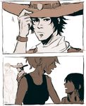  2girls bandana beanie child comic commentary cowboy_hat hat mccree_(overwatch) mercy_(overwatch) monochrome multiple_boys multiple_girls overwatch papabay pharah_(overwatch) ponytail reaper_(overwatch) sepia silent_comic tank_top teenage younger 