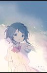  black_hair brown_eyes folded_ponytail hair_ribbon highres kimi_no_na_wa looking_at_viewer miyamizu_mitsuha monochrome open_mouth outstretched_arm outstretched_hand pleated_skirt ribbon school_uniform shiratama_(shiratamaco) short_hair short_sleeves skirt solo 