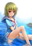  bikini blush green_hair highres hood hoodie idolmaster idolmaster_million_live! looking_at_viewer nagayoshi_subaru partially_submerged red_eyes ro_risu short_hair solo striped striped_bikini swimsuit wet 