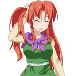  :d ^_^ braid breasts bunching_hair cato_(monocatienus) closed_eyes cosplay dragon_quest dragon_quest_iii fighter_(dq3) fighter_(dq3)_(cosplay) hong_meiling large_breasts long_hair long_sleeves open_mouth red_hair sash scarf side_ponytail simple_background smile solo touhou twin_braids upper_body white_background 