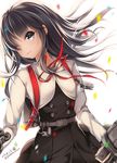  asashio_(kantai_collection) bangs belt black_hair blue_eyes blurry commentary_request confetti depth_of_field dress eyebrows_visible_through_hair hair_over_one_eye kantai_collection light_smile long_hair long_sleeves neck_ribbon pinafore_dress red_ribbon remodel_(kantai_collection) revision ribbon smile solo twitter_username white_background wind youqiniang 