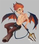  2017 5_fingers clothing demon front_view grey_background hair hi_res holding_object holding_weapon hooves horn humanoid kiske_7key melee_weapon midair navel nipples pointy_ears red_eyes red_hair shorts signature simple_background smile weapon wings 