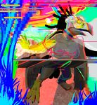  abstract abstract_background anthro avian beak bird breasts clothed clothing colorful digital_media_(artwork) feathers glitch hi_res open_mouth psychedelic secretary_bird shocked solo surprise swatcher transformation yellow_eyes 