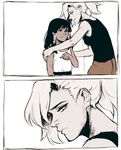  child close-up comic glaring hands_on_shoulders looking_at_another mercy_(overwatch) monochrome multiple_girls overwatch papabay pharah_(overwatch) ponytail sepia silent_comic tank_top teenage younger 