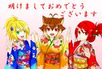  akeome animal_ears antenna_hair blazblue blonde_hair breasts brown_hair chukachuka closed_mouth floral_print flower green_eyes hair_flower hair_ornament happy_new_year highres holding_hands japanese_clothes kimono large_breasts makoto_nanaya medium_breasts multicolored_hair multiple_girls nengajou new_year noel_vermillion obi open_mouth orange_eyes red_eyes red_hair sash short_hair simple_background smile squirrel_ears tsubaki_yayoi two-tone_hair v 