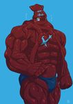  5_fingers abs anthro biceps big_biceps big_muscles blue_background blue_clothing blue_eyes calamari cephalopod clothed clothing cute cyan_markings cyan_scales digital_drawing_(artwork) digital_media_(artwork) fist front_view giant_squid hair huge_muscles light long_hair looking_at_viewer male marine markings muscular muscular_male navel pecs pinup plainwhite portrait pose red_scales scales scalie scar serratus shiny_body simple_background solo speedo squid standing surprise sweat swimsuit symbol tentacle_hair tentacles three-quarter_portrait topless vein 