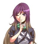 ;) arm_garter bead_necklace beads breasts brown_hair commentary_request dress finger_to_mouth gradient_hair hijiri_byakuren index_finger_raised jewelry kakao_(noise-111) large_breasts long_hair looking_at_viewer multicolored_hair necklace one_eye_closed prayer_beads puffy_short_sleeves puffy_sleeves purple_eyes purple_hair short_sleeves smile solo touhou two-tone_hair white_background 