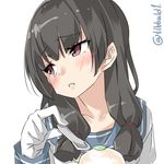  bangs black_hair blush collarbone ebifurya eyebrows eyebrows_visible_through_hair face food gloves highres holding holding_spoon ice_cream isokaze_(kantai_collection) kantai_collection leaf long_hair long_sleeves looking_to_the_side open_mouth portrait red_eyes school_uniform serafuku sidelocks simple_background solo spoon twitter_username white_background white_gloves 