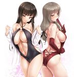  :o ass bangs bare_shoulders black_hair blunt_bangs blush breasts brown_eyes brown_hair butt_crack casual_one-piece_swimsuit cleavage collarbone cowboy_shot elbow_gloves embarrassed fan fan_over_face floral_background folding_fan girls_und_panzer gloves hair_ribbon highres jacket jacket_over_swimsuit kure_masahiro large_breasts long_hair long_sleeves looking_back low-tied_long_hair mature multiple_girls navel nishizumi_shiho o-ring o-ring_swimsuit off_shoulder one-piece_swimsuit paper_fan ribbon shimada_chiyo shiny shiny_hair sideboob sidelocks skindentation sweat sweatdrop swimsuit undressing 
