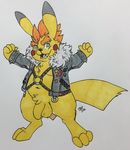  anthro balls barefoot celestial clothed clothing digitigrade flaccid grin harness jacket leather leather_jacket looking_at_viewer male mammal navel nintendo open_mouth open_shirt penis pikachu pok&eacute;mon pubes raised_arm rodent slightly_chubby smile solo spikes uncut video_games 