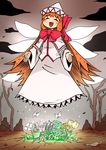 :d ^_^ blonde_hair bow closed_eyes eyebrows fairy_wings flower hat hat_bow lily_white nicetack open_mouth smile solo thick_eyebrows touhou triangle_mouth wasteland wide_sleeves wings 