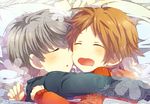  bed blush brown_hair child couple flower grey_hair hanamura_yousuke hug persona_4 seta_souji short_hair sleeping yaoi 