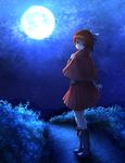  absurdres bad_id bad_pixiv_id bow cape full_body full_moon hair_bow highres kakutasu_(akihiron_cactus) long_sleeves looking_at_viewer looking_back moon night night_sky outdoors plant pleated_skirt red_cape red_eyes red_hair red_skirt sekibanki short_hair skirt sky solo star_(sky) starry_sky touhou 